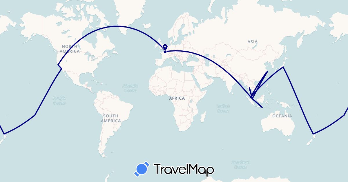 TravelMap itinerary: driving in China, France, United Kingdom, Indonesia, Japan, Malaysia, New Zealand, French Polynesia, Singapore, Thailand, United States (Asia, Europe, North America, Oceania)